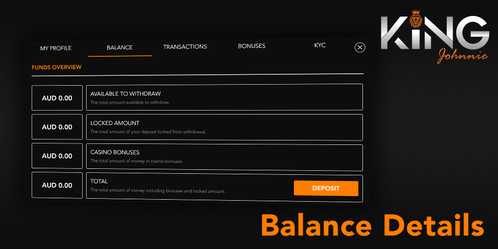 Balance Details section at King Johnnie casino: Available to Withdraw, Locked Amount, Casino Bonuses, Total