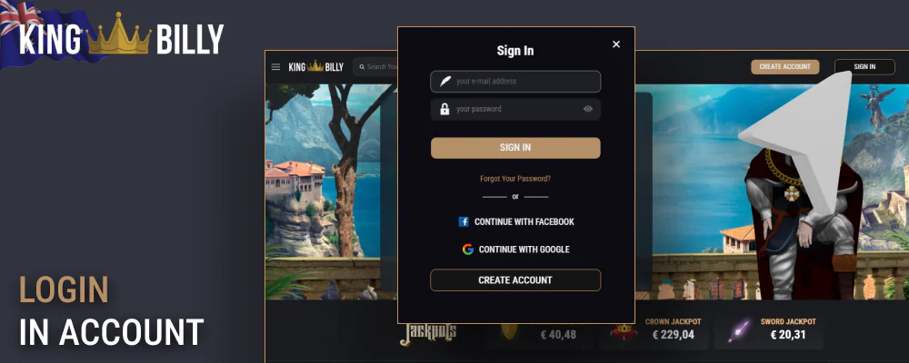 Signing in to King Billy's account