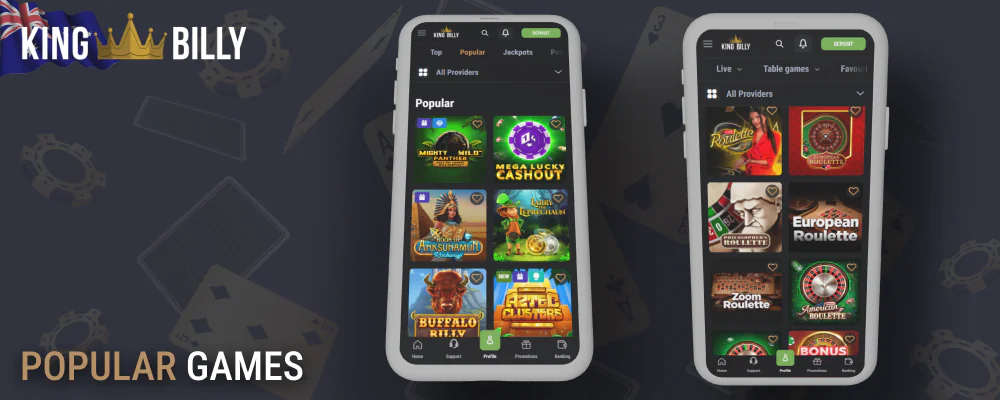 Popular casino games at King Billy