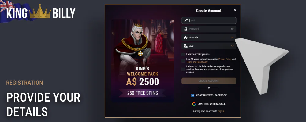 Enter your details to register with King Billy